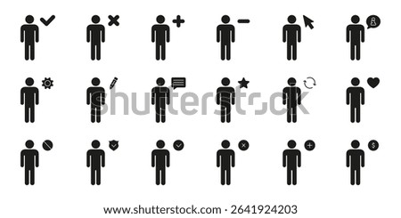 Person Interaction And Status Solid Icon Set. User Management, Communication Silhouette Symbol Collection. Isolated Vector Illustration.