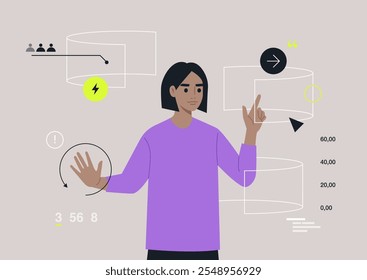 Una persona interactúa con una pantalla curva avanzada, mostrando gráficos dinámicos y datos en una atmósfera tranquila y de otro mundo. Este momento captura la esencia de la innovación futura