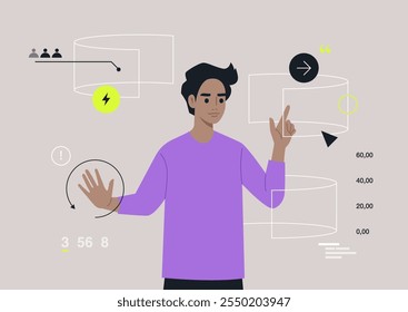 Una persona interactúa con una pantalla curva avanzada, mostrando gráficos dinámicos y datos en una atmósfera tranquila y de otro mundo. Este momento captura la esencia de la innovación futura