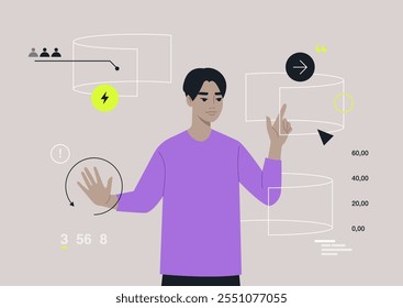 Una persona interactúa con una pantalla curva avanzada, mostrando gráficos dinámicos y datos en una atmósfera tranquila y de otro mundo. Este momento captura la esencia de la innovación futura