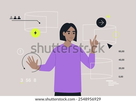 A person interacts with an advanced curved screen, displaying dynamic graphics and data in a tranquil, otherworldly atmosphere, This moment captures the essence of future innovation