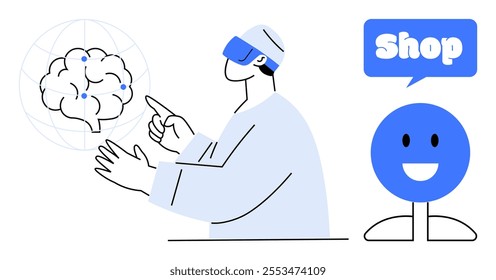 Person interacts with digital brain using VR headset. Smiling figure has speech bubble saying Shop. Ideal for technology, virtual reality, digital shopping, medical research, and innovation themes
