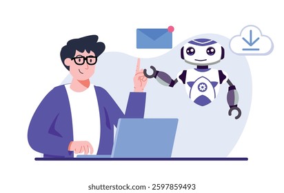 A person interacts with a friendly robot for email assistance while managing files on a laptop. Ideal for showcasing modern technology and automation in workspaces.