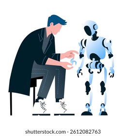 A person interacts with a humanoid robot, showcasing technology and human-robot interaction.