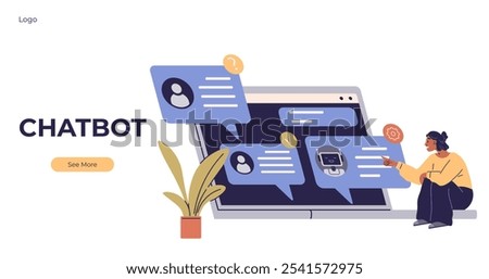 A person interacts with a laptop displaying large chat bubbles, symbolizing a chatbot. Ideal for customer service, automated support, artificial intelligence, user engagement, and conversational