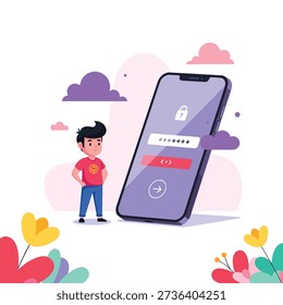 A person interacts with a large smartphone displaying a password input and lock icon, representing secure mobile access, user authentication, and digital privacy in a flat vector illustration style.