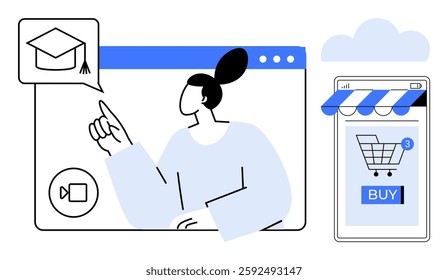 A person interacts with an online platform, showcasing elements like a graduation cap and an online shopping cart. Ideal for online education, e-commerce, virtual interaction, digital marketing, user