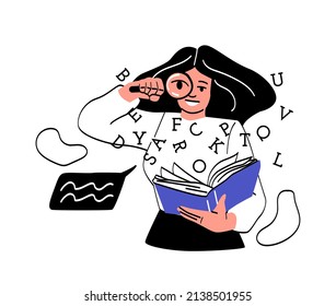 Persona con interesante concepto de libro abstracto. Una mujer con lupa en las manos lee literatura o ficción. Inmersión en el mundo de la fantasía. Dibujo vectorial plano de caricatura en estilo doodle