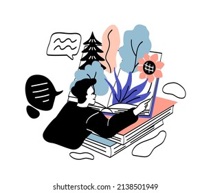 Person with interesting book concept. Young man opens large book and plunges into fantastic world of fairy tales and short stories. Literary fan read. Cartoon flat vector illustration in doodle style