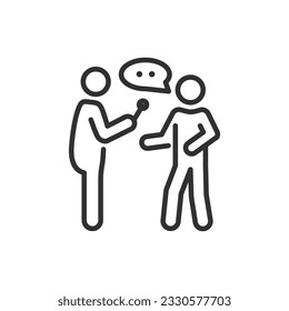 Person is interviewing another person, linear icon. A reporter interviews a passerby. Line with editable stroke