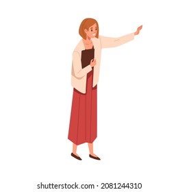 Person introduce, show and present smth. Business speaker standing with clipboard and pointing direction, gesturing with arm. Female presenter. Flat vector illustration of teacher isolated on white