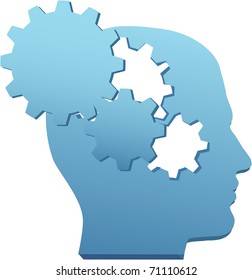 Person with inventive mind thinks technology thoughts in gear cutouts