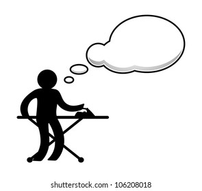 Person ironing clothing with speech bubble