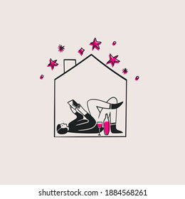 Person isolated in the tiny house. Character lying on back and reading the book with wine. Stay at home concept. Hand drawn trendy Vector illustration. Sketchy doodle style. Poster template