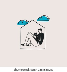 Person Isolated In The Tiny House. Cute Character Sitting And Reading The Book. Stay At Home Concept. Self Isolation. Hand Drawn Trendy Vector Illustration. Sketchy Doodle Style. Poster Template