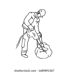 Person with jack hammer doing his job, demolishing rocks. Man with power tool drilling. Human working with impact hammer machine, single hand drawn illustration. Construction worker, outline drawing.