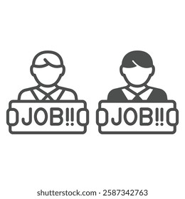 Person with job banner line and solid icon, recruitment concept. Vector graphics. Man looking for work sign on white background, outline style icon for mobile or web design