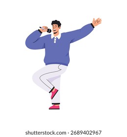 Persona bailando alegremente con una escoba mientras limpia la ilustración