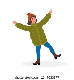 Person joyfully dancing in warm clothing during winter