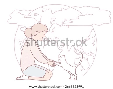 A person joyfully interacts with a cat, set against a vibrant backdrop that represents the entire world