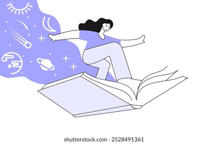 A person joyfully rides a large open book with celestial symbols in a creative illustration symbolizing the power of imagination. Flat vector illustration.