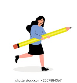 Person joyfully running while holding a large yellow pencil in a creative environment