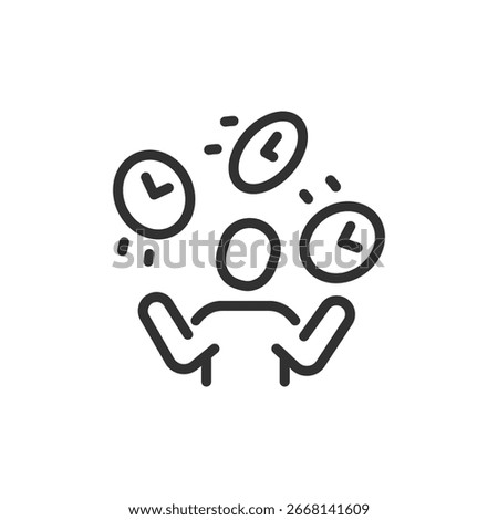 Person juggling clocks, linear icon. Multitasking and time pressure. Line with editable stroke.