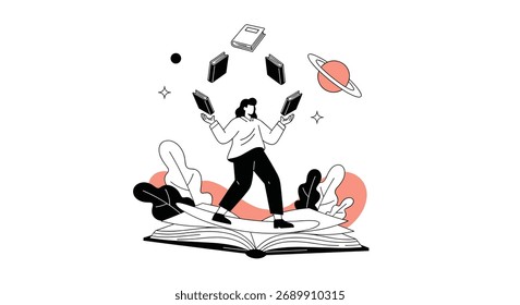 Una persona haciendo malabares con múltiples ideas y conceptos sobre un libro abierto.