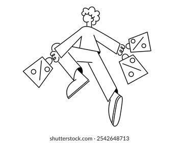 person jump with purchases in flat style in vector. Illustration for banner sticker poster print