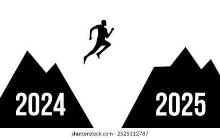 person jumping from 2024 to 2025 Man silhouette moving from 2024 to 2025 Happy New year 2025 transition concept vector graphic man jumping from one mountain to another New Year transition graphic