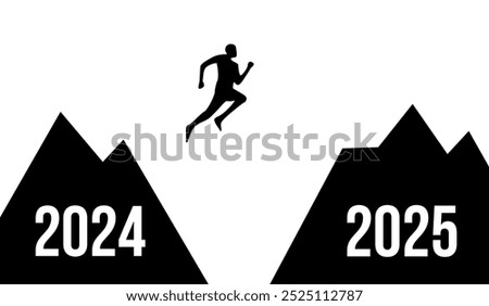 person jumping from 2024 to 2025 Man silhouette moving from 2024 to 2025 Happy New year 2025 transition concept vector graphic man jumping from one mountain to another New Year transition graphic