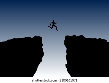 person jumping across canyon or crevice from one side to the other, vector illustration