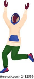 Person jumping in excitement vector illustration. Indoor cheerful celebration, winter fashion clothing.