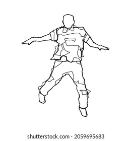 Person jumping and flying trough the air and preforming some act, hand drawn scribbled outline illustration. Simple human with spread hands and legs contour pen drawing. Man full body dancing sketch.