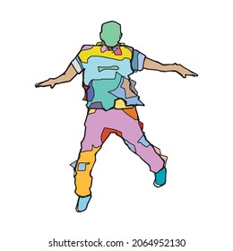 Person jumping and flying trough the air, preforming some act, hand drawn colored outline illustration. Simple human with spread hands and legs contour pen drawing. Man full body dancing colored sign.