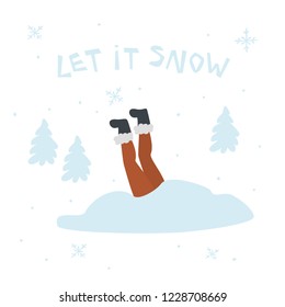 person jumping into snow drift, legs up, isolated vector illustration winter  scene