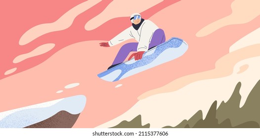 Person jumping on snowboard, flying in air. Snowboarder doing trick. Man on snow board in sky. Winter extreme sports activity. Professional athlete at mountain resort. Flat vector illustration