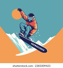 Person jumping on snowboard, flying in air. Snowboarder doing trick. Man on snow board in sky. Winter extreme sports activity. Snowboarder flying against the evening sun. Flat vector illustration