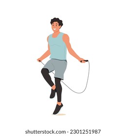 Persona saltando sobre la cuerda de saltar. Hombre en entrenamiento cardiovascular. Joven haciendo ejercicio físico por resistencia. Ilustración vectorial plana de la formación deportiva aislada en fondo blanco