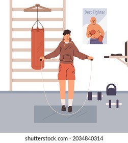 Person jumping with skipping rope in gym. Boxer doing cardio exercises and warmup before workout. Athlete warming up for training and working out in box club. Flat vector illustration