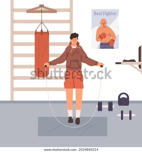 Person jumping\
with skipping rope in gym. Boxer doing cardio exercises and warmup\
before workout. Athlete warming up for training and working out in\
box club. Flat vector\
illustration