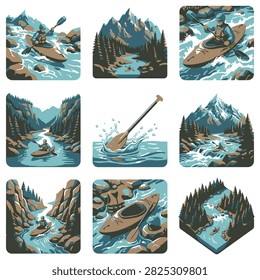 A person kayaking down a fast-flowing river surrounded by majestic mountains and lush forests, experiencing the thrill of whitewater.