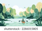 Person kayaking in a peaceful river, surrounded by lush greenery and the sounds of nature. Flat vector summer watersport illustration concept. Gadget-free vacation