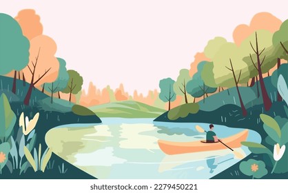 Person kayaking in a peaceful river, surrounded by lush greenery and the sounds of nature. Flat vector summer watersport illustration concept. Gadget-free vacation