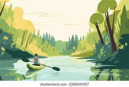 Person kayaking in a peaceful river, surrounded by lush greenery and the sounds of nature. Flat vector summer watersport illustration concept. Gadget-free vacation