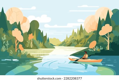 Person kayaking in a peaceful river, surrounded by lush greenery and the sounds of nature. Flat vector summer watersport illustration concept. Gadget-free vacation