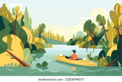 Person kayaking in a peaceful river, surrounded by lush greenery and the sounds of nature. Flat vector summer watersport illustration concept. Gadget-free vacation