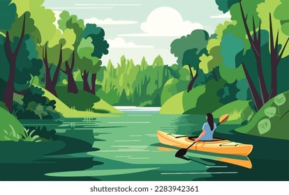 Person kayaking in a peaceful river, surrounded by lush greenery and the sounds of nature. Flat vector summer watersport illustration concept. Gadget-free vacation