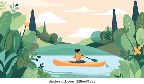 Person kayaking in a peaceful river, surrounded by lush greenery and the sounds of nature. Flat vector summer watersport illustration concept. Gadget-free vacation