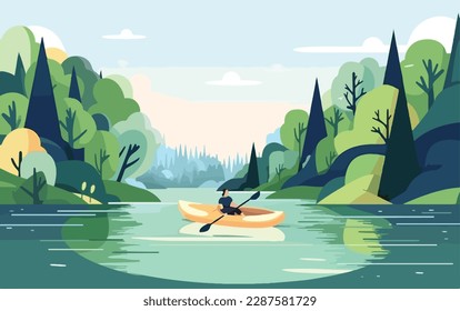 Person kayaking in a peaceful river, surrounded by lush greenery and the sounds of nature. Flat vector summer watersport illustration concept. Gadget-free vacation